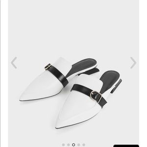 Two-Tone Sculptural Heel Buckle Mules